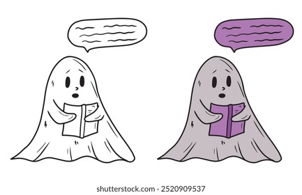 Vector dibujado a mano lindo fantasma gris está leyendo libro púrpura con hechizos en blanco. Ilustración de boceto en estilo de arte de línea vintage grabado doodle. Feliz Halloween, espeluznante símbolo, libro para colorear