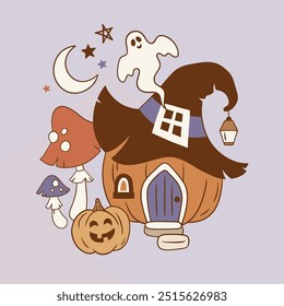 Hand drawn vector cute Halloween pumpkin house. Perfect for tee shirt logo, sticker, greeting card, poster, invitation or print design. EPS 10 vector file.