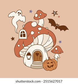 Vector dibujado a mano linda casa de setas de Halloween. Perfecto para el logotipo de la camiseta, la etiqueta engomada, la tarjeta de felicitación, el cartel, la invitación o el diseño impreso. Archivo de Vector EPS 10.