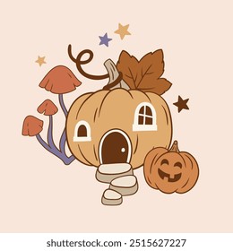 Hand drawn vector cute Halloween pumpkin house. Perfect for tee shirt logo, sticker, greeting card, poster, invitation or print design. EPS 10 vector file.