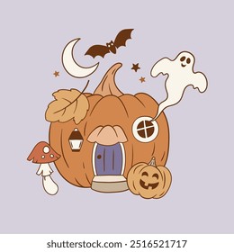 Hand drawn vector cute Halloween pumpkin house. Perfect for tee shirt logo, sticker, greeting card, poster, invitation or print design. EPS 10 vector file.