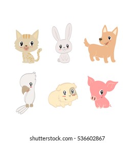 Hand drawn vector cute happy pets