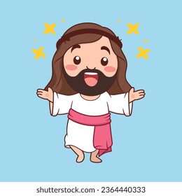 Hand Drawn Vector of Cute Jesus Christ: Kawaii Illustration, Chibi Character, Clip Art, Sticker, Isolated Background. Kids’ Christian Bible. Mascot Logo Icon