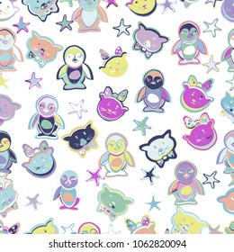 Hand Drawn Vector Cute Kittens, penquins, stars. Seamless borders. For textile, wallpaper, covers, surface, print, gift wrap, scrapbooking, decoupage.