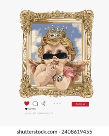 hand drawn vector of cute little angel in vintage gold frame social media style