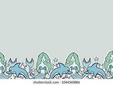 Hand Drawn Vector Cute mermaid, dolphin, stars. Seamless canvas. For textile, wall