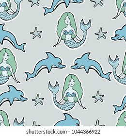 Hand Drawn Vector Cute mermaid, dolphin, stars. Seamless pattern. For textile, wall paper, wrapping, scrapbooking.