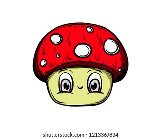 Hand Drawn Vector Cute Mushrooms Character Mascot Sign