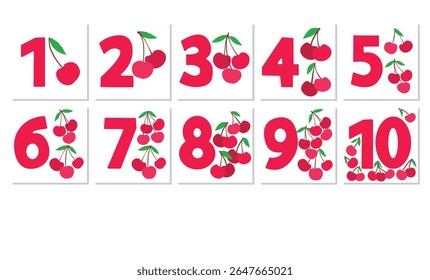Hand Drawn Vector Cute Numbers with Cherries Educational Poster for Kids