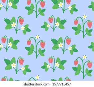 Hand drawn vector cute pattern with strawberry bushes on a blue background