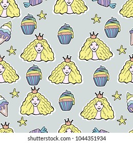 Hand Drawn Vector Cute princess, cup cakes, ice cream, candy, stars. Seamless pattern. For textile, wallpaper, covers, surface, print, gift wrap, scrapbooking, decoupage.