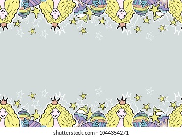 Hand Drawn Vector Cute princess, cup cakes, candy, ice cream, stars. Seamless borders. For textile, wallpaper, covers, surface, print, gift wrap, scrapbooking, decoupage.