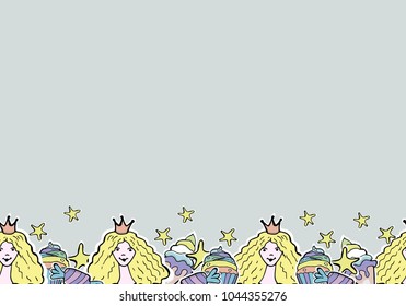 Hand Drawn Vector Cute princess, cup cakes, candy, ice cream, stars. Seamless borders. For textile, wallpaper, covers, surface, print, gift wrap, scrapbooking, decoupage.