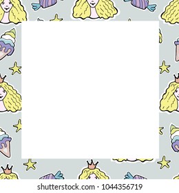 Hand Drawn Vector Cute princess, cup cakes, candy, ice cream, stars. Frame. For textile, wallpaper, covers, surface, print, gift wrap, scrapbooking, decoupage.