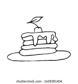 Hand drawn vector cute puncakes with syrup. Doodle style. Black outline isolated on white. Design for greeting cards, scrapbooking, textile, wrapping paper, cafe or restaurant menu, food infographic.