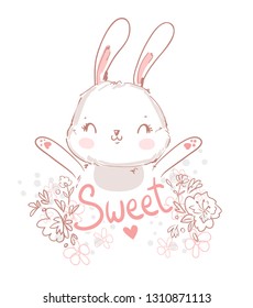Hand Drawn Vector Cute Rabbit, Bunny with flowers illustration. Print for children's t-shirts. Childish design poster.  