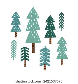 Hand drawn vector cute Scandinavian pine tree forest. Perfect for tee summer t-shirt logo design, greeting card, poster, invitation or nursery print.