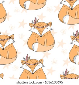 Hand drawn vector Cute seamless pattern with Cute Fox