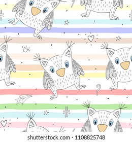 Hand drawn vector Cute seamless pattern with Cute owl.