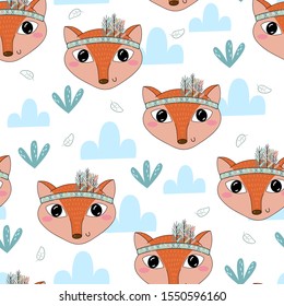 Hand drawn vector Cute seamless pattern with Cute Fox