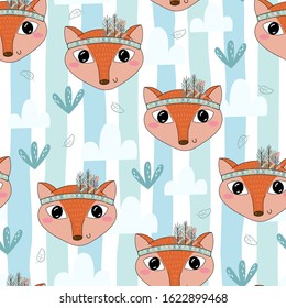 Hand drawn vector Cute seamless pattern with Cute Fox