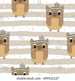 Hand drawn vector Cute seamless pattern with Cute owl.