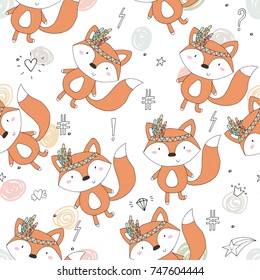 Hand drawn vector Cute seamless pattern with Cute Fox.