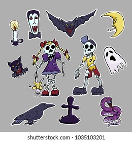 Hand drawn vector cute set of stickers. Zombie, vampire, black cat, ghost, raven, snake, moon crescent.  Halloween theme. Cartoon patch badges.