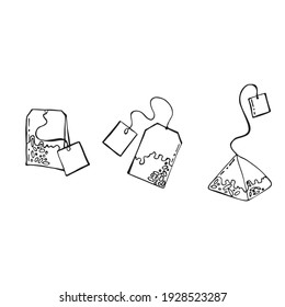 Hand drawn vector cute tea bag. Doodle style. Black outline isolated on white. Design for greeting cards, scrapbooking, textile, wrapping paper, cafe or restaurant menu, food infographic.