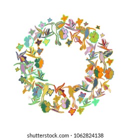Hand Drawn Vector Cute Tropical Wreath. Palm leaves, exotic flowers, humming birds. For textile, wallpaper, covers, surface, print, gift wrap, scrapbooking, decoupage.