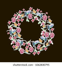 Hand Drawn Vector Cute Tropical wreath. Palm leaves, exotic flowers, humming birds. For textile, wallpaper, covers, surface, print, gift wrap, scrapbooking, decoupage.
