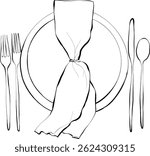 Hand drawn Vector of Cutlery Silhouettes setting on table for wedding elements