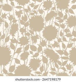 Hand drawn vector dahlia flower seamless pattern in light beige color. Garden plant background.