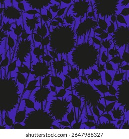 Dibujado a mano Vector dahlia patrón sin fisuras en color negro y azul. Fondo de planta de jardín.