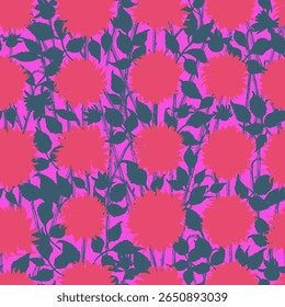 Hand drawn vector dahlia flower seamless pattern in bright pink, red and green color. Garden plant background.