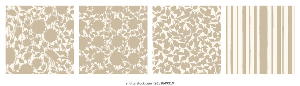 Dibujado a mano Vector dahlia flor, hojas, rayas patrones sin costuras en color beige claro. Conjunto de fondo de planta de jardín.