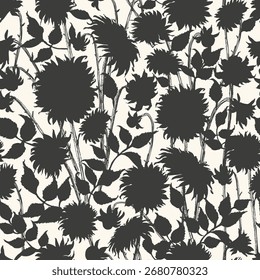 Hand drawn vector dahlia flower seamless pattern in black and white color. Garden plant background.