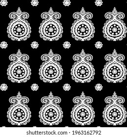 Hand drawn vector damask seamless pattern. Doodled ornaments all over print on black background.