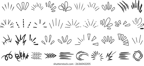 Hand Drawn Vector Decorative Elements for Highlights and Effects Sparkle, Starburst, and Light Ray Icons Set