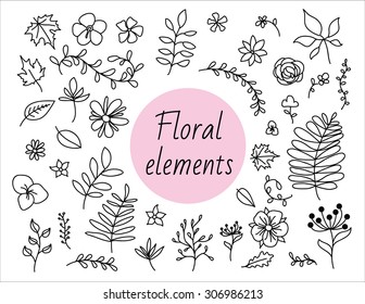 Hand drawn vector decorative floral elements. Flowers and branches with leafs.