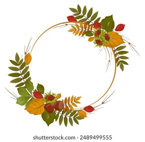 Hand drawn vector decorative frame of bright autumn leaves and nuts. Fall, Thanksgiving, pumpkin season, fall weddings. Vector illustration for business cards, postcards, banners and posters
