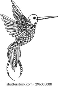 Hand drawn vector decorative hummingbird illustration. Colibri drawing  with doodle line ornaments