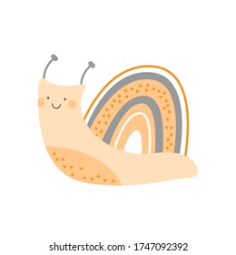 Hand drawn vector decorative illustration of cute snail. Children vector print. Design for posters, cards, prints.