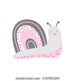 Hand drawn vector decorative illustration of cute snail. Children vector print. Design for posters, cards, prints.