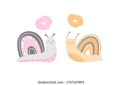 Hand drawn vector decorative illustration of two cute snails. Children vector print. Design for posters, cards, prints.