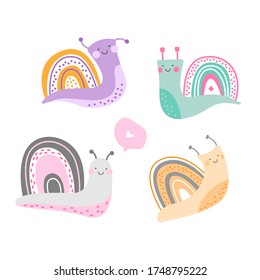 Hand drawn vector decorative illustration set of cute snails. Children vector print. Design for posters, cards, prints.