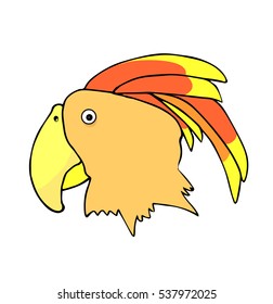 Hand drawn vector decorative illustration "Head of a parrot in profile". Isolated on white background. Cartoon style.Colors are easily changeable.