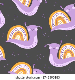 Hand drawn vector decorative pattern of cute snail. Children vector clothing print. Design for posters, cards, prints, background. Elements for kids room.