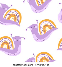 Hand drawn vector decorative pattern of cute snail. Children vector clothing print. Design for posters, cards, prints, background. Elements for kids room.