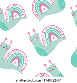 Hand drawn vector decorative pattern of cute snail. Children vector clothing print. Design for posters, cards, prints, background. Elements for kids room.